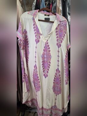 Ivory Silky Tunic Dress with Pink & Purple Paisley Print